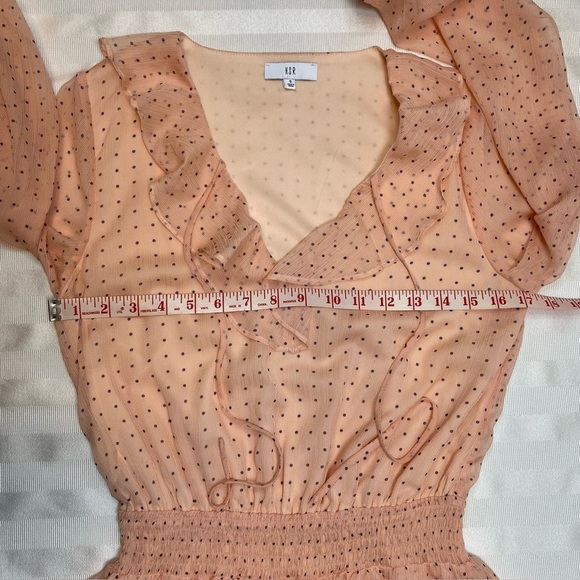 NSR Peach and Black Polka-Dot Dress Sz S Sheer Ruffled V-Neck Elastic Waist - Picture 5 of 11